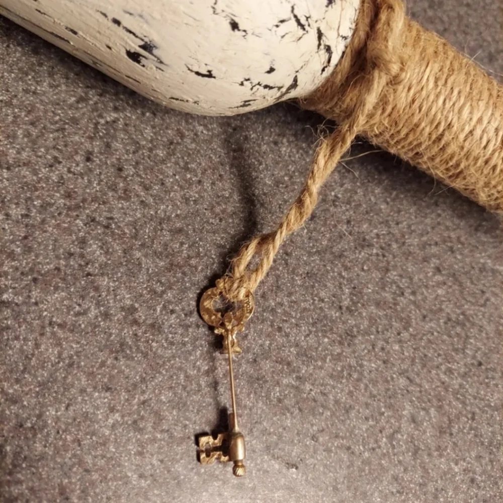 Hand Crafted Decoupage Wine Bottle Vase with Key Charm - Unique! EDC